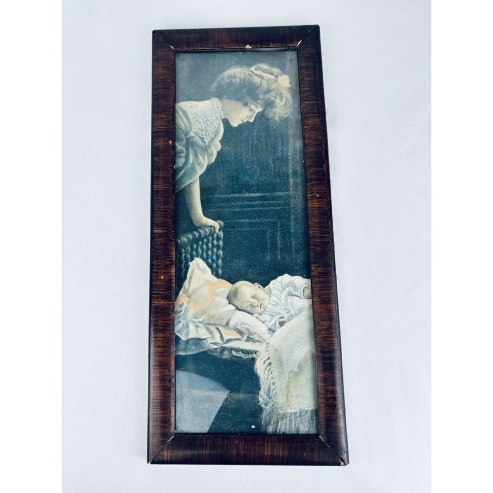 Vintage Victorian Lady W/Sleeping Child Framed Glass Wall Hanging Decor